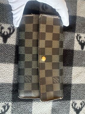 Authentic Louis Vuitton Brown Damier Ebene Checker Key Pouch with Gold-Tone Stud